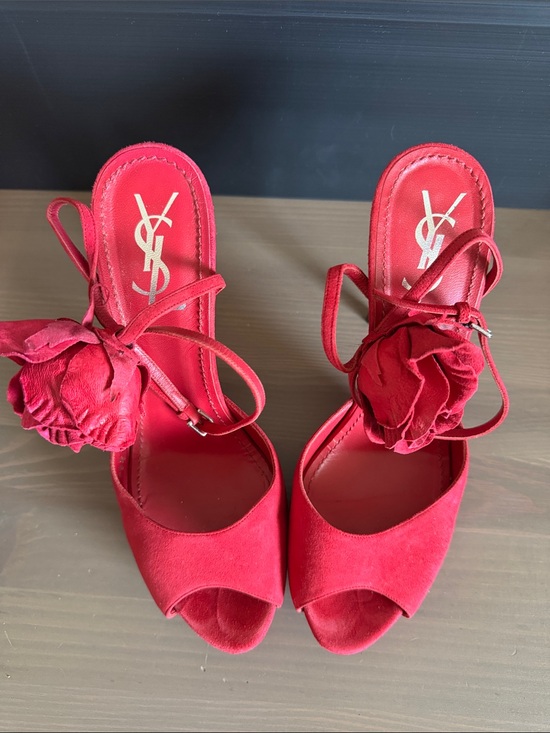 Saint Laurent Shoes - Saint Laurent Red Suede Peep-Toe Stiletto Sandals with Rosette